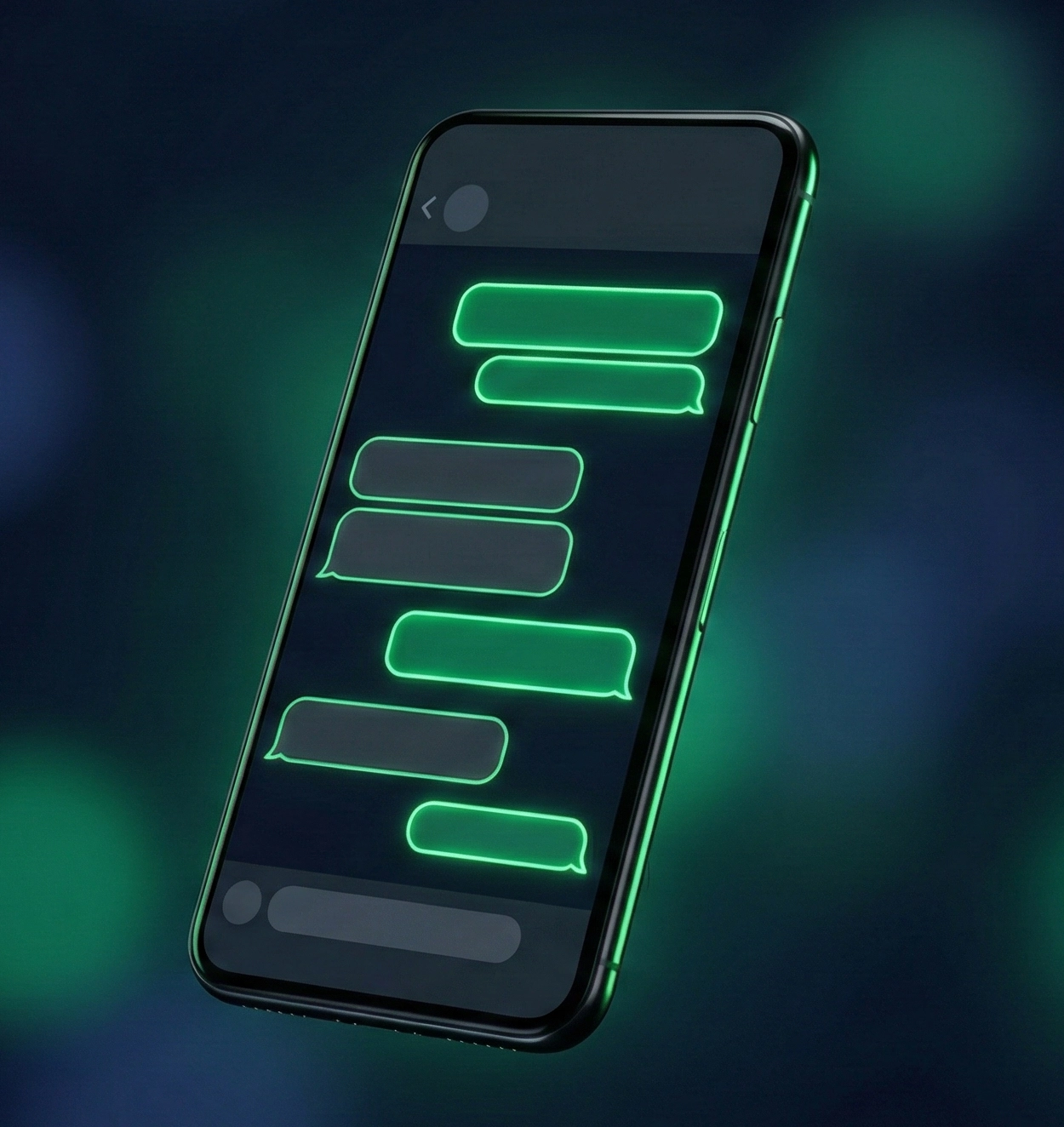 Smartphone con interfaz de chat y burbujas de mensajes, efecto neón sobre fondo oscuro