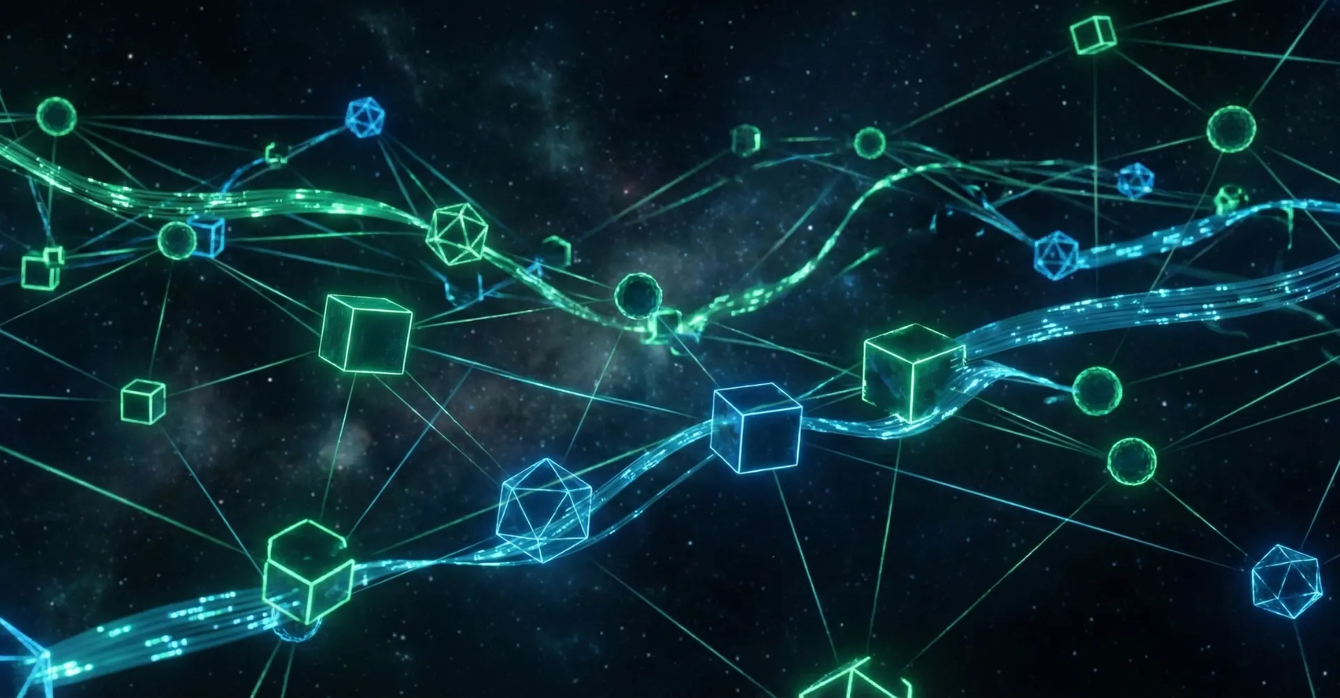 Red de integraciones: nodos y líneas de datos conectados en tonos verde y azul